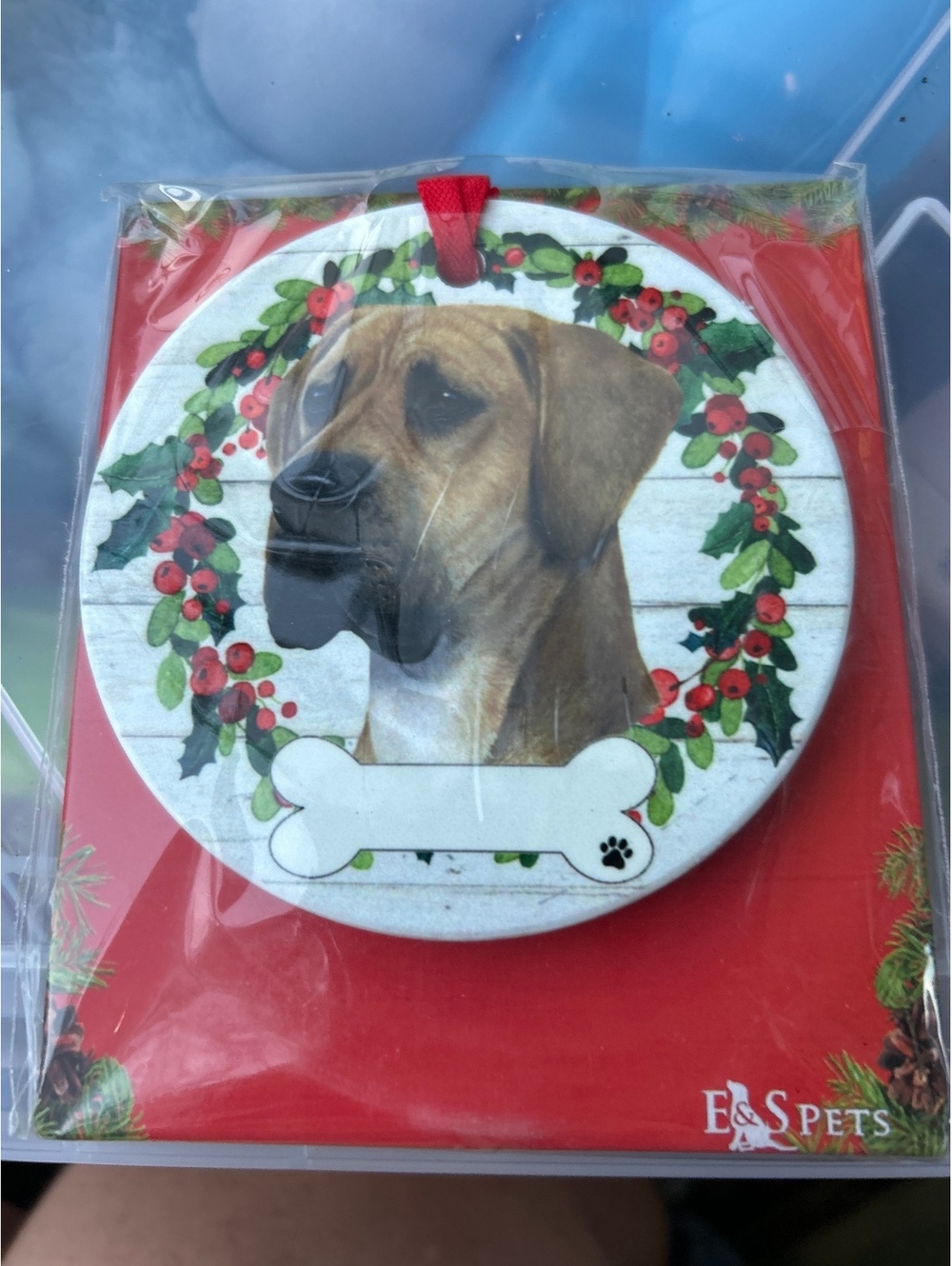 E & S Pets Great Dane Christmas Ornament with Wreath and Bone Design